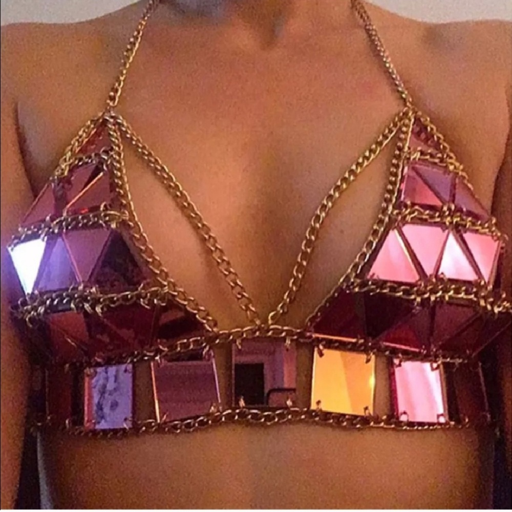 Pink chain bra sequin crystal rave mirror top